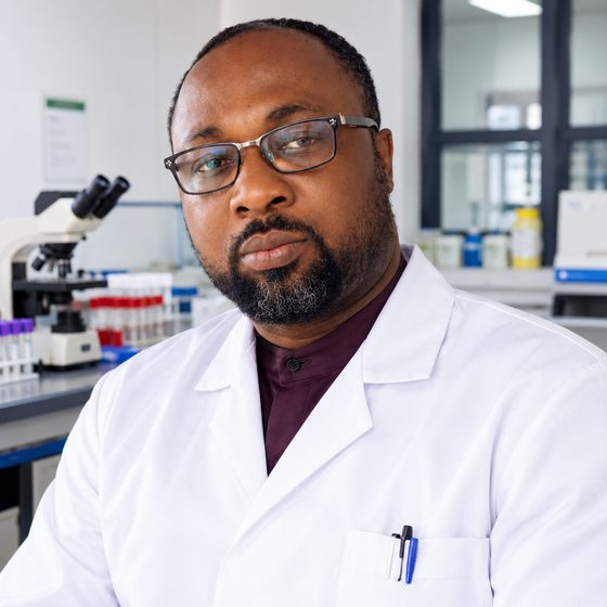 Medical laboratory scientist in a white coat beside a microscope in a laboratory